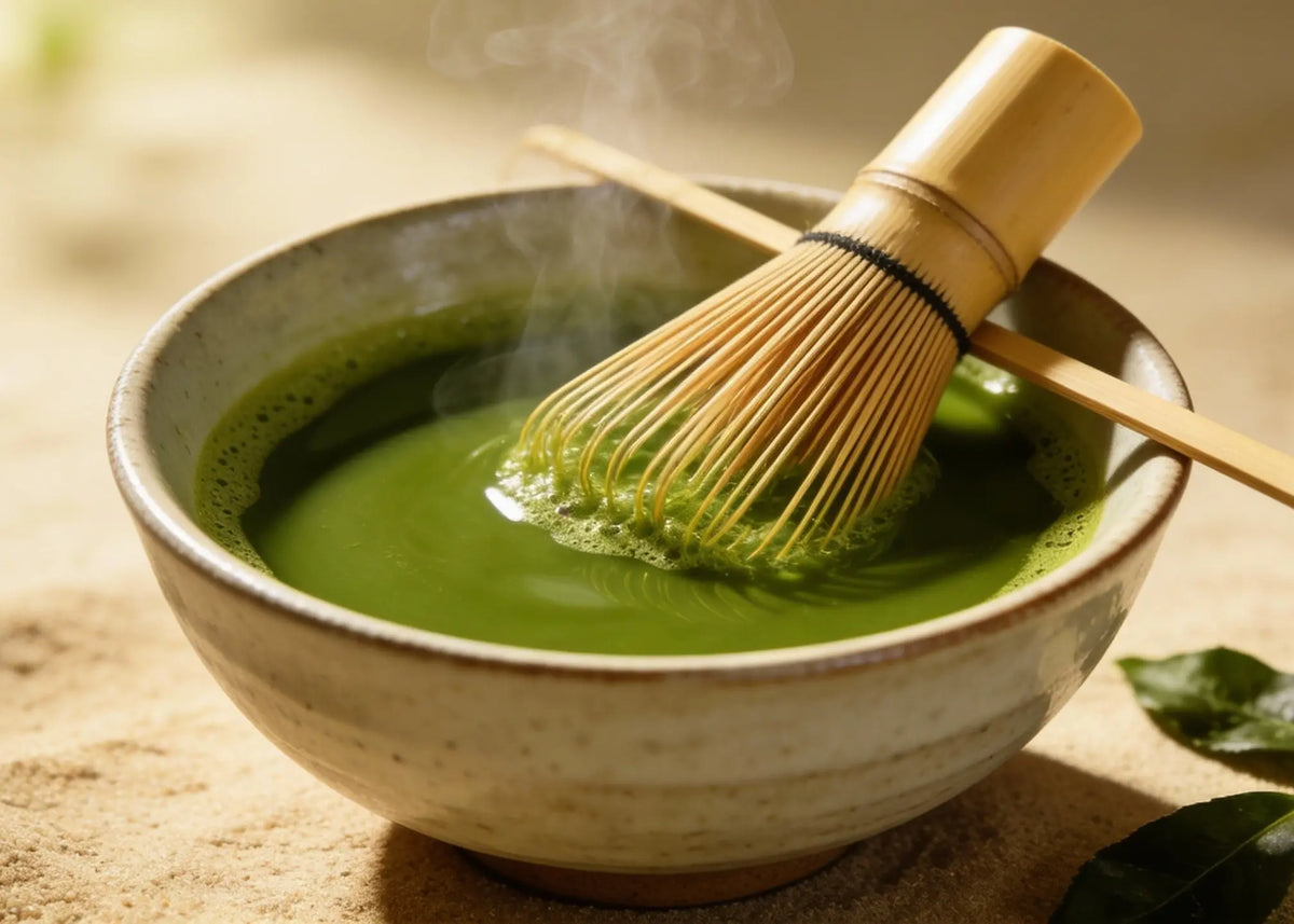 Bol de matcha fouetté avec un fouet en bambou, de la vapeur et des feuilles sur une surface sableuse
